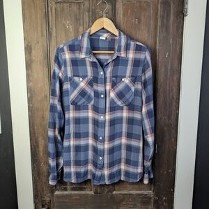 Roxy Blue Plaid Button Up Shirt | Soft Drapey Classic Casual | Size Large
